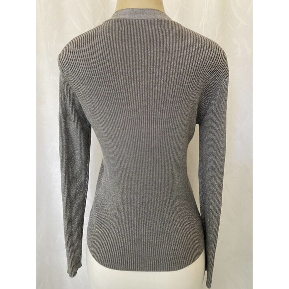 Joseph A. Top Ribbed Knit Silver Metallic Long Sleeve V Neck Button Down… - Picture 3 of 4